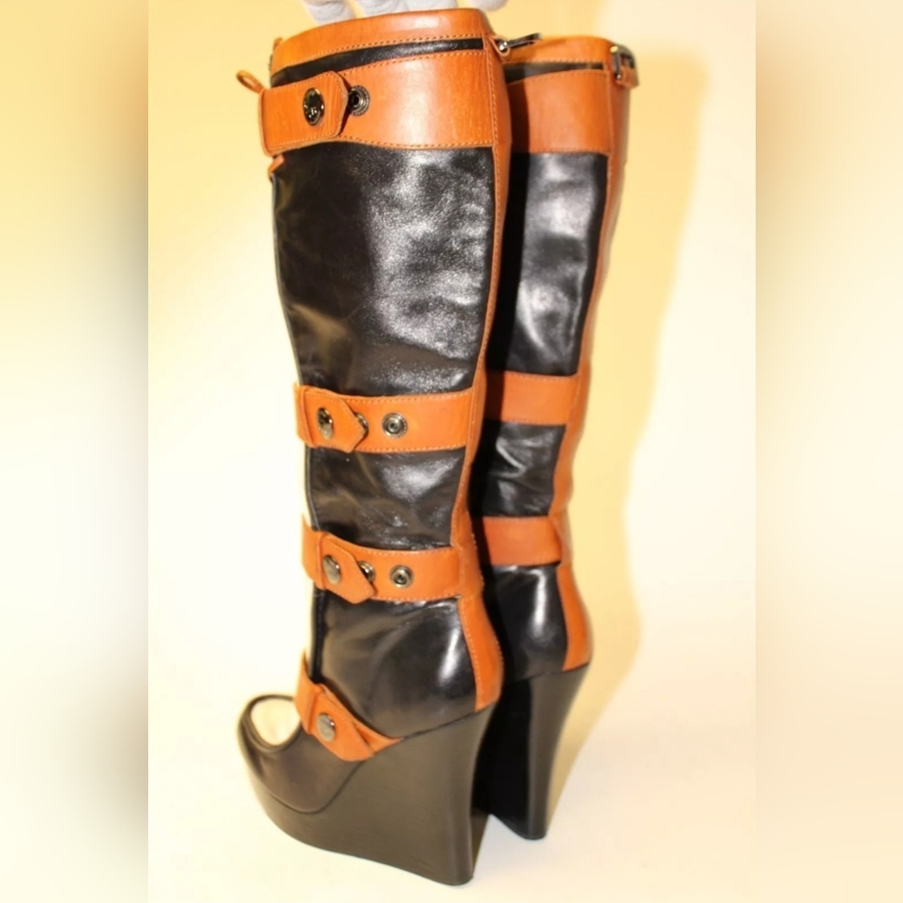 L.A.M.B. Baby  7.5 39 Leather Wedge Strap Knee High Boots - Picture 13 of 15